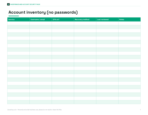 Preview of Printable Account Inventory Sheet