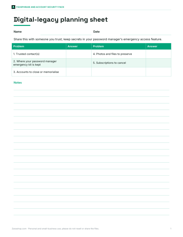 Preview of Printable Digital Legacy Planning Sheet