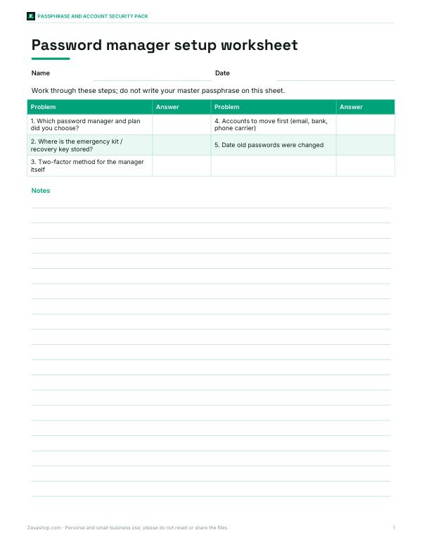 Preview of Printable Password Manager Setup Worksheet